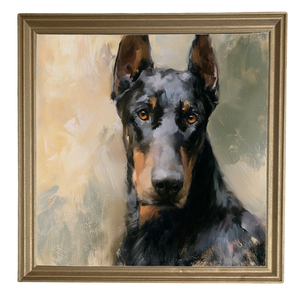 Realistic painterly portrait of an alert black Doberman in a gold frame — product view 8
