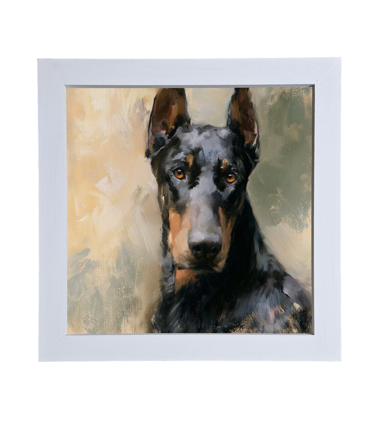 Realistic painterly portrait of an alert black Doberman in a gold frame — product view 9