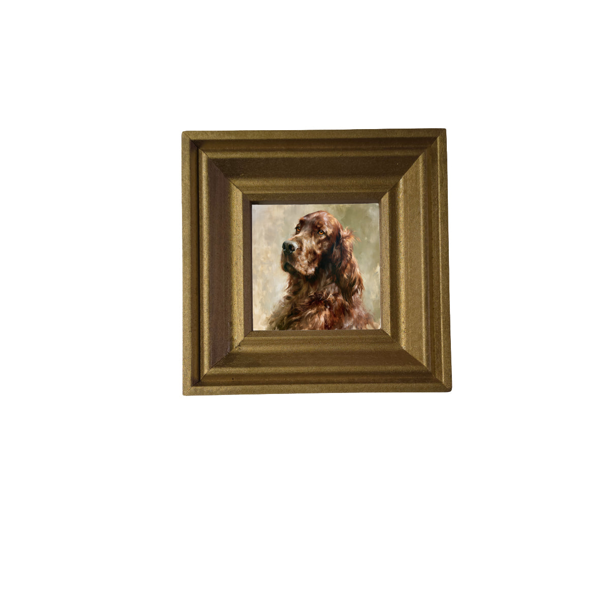 Realistic painterly portrait of a noble Irish Setter dog with chestnut fur on a soft neutral background