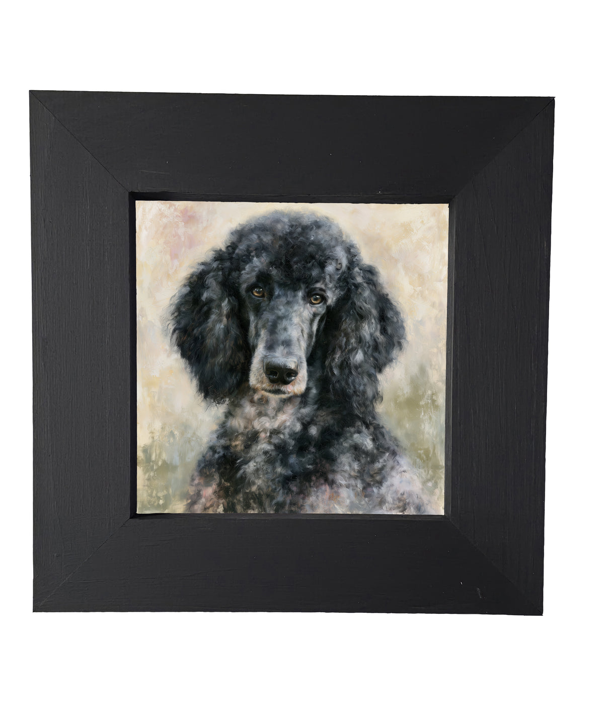 Realistic painterly portrait of a curly black poodle on a neutral background in a wood frame — product view 4