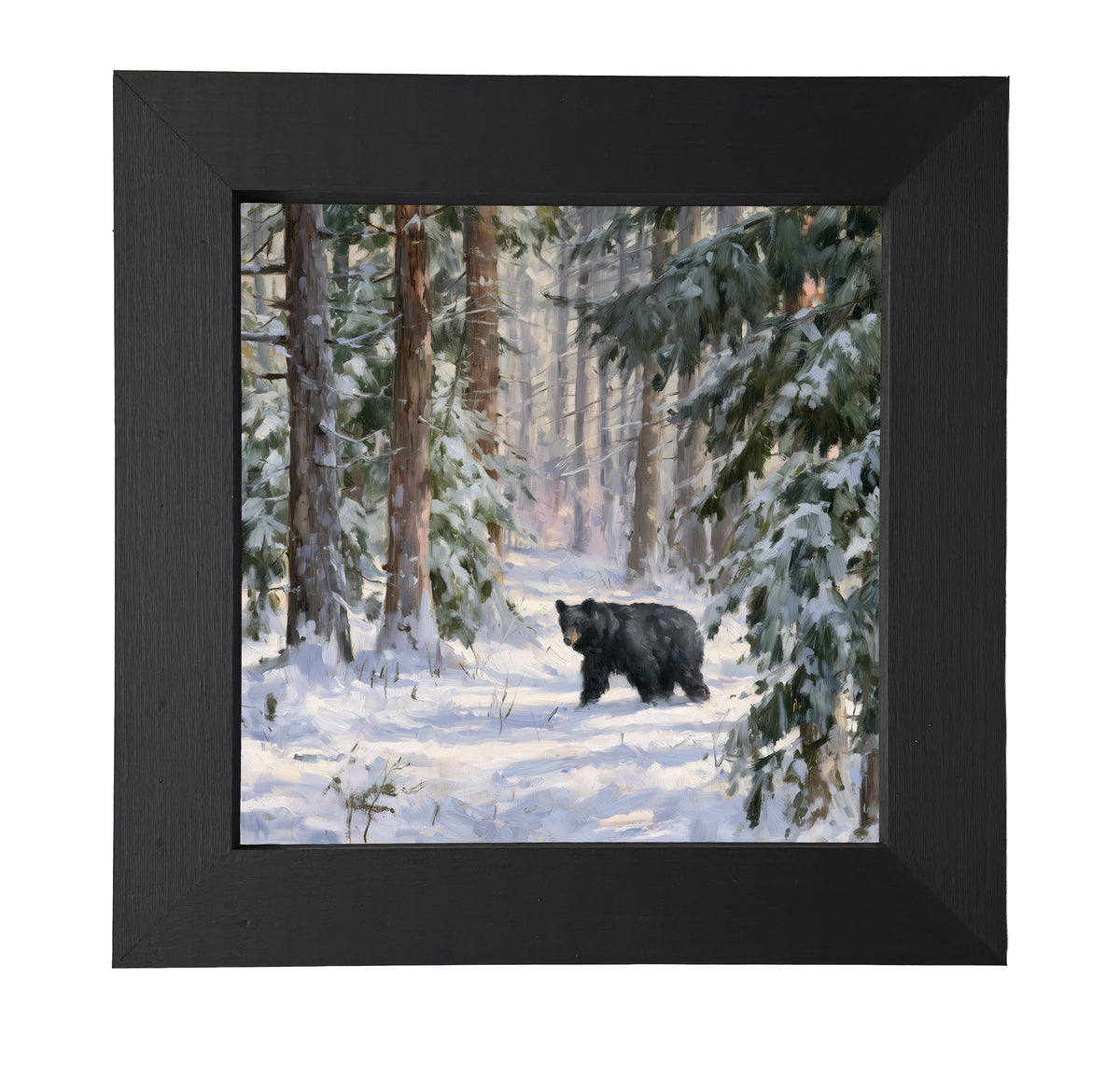 Black bear walking through a snowy pine forest with a peaceful, painterly winter atmosphere — product view 7