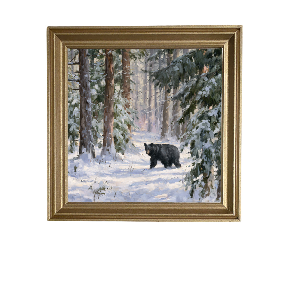Black bear walking through a snowy pine forest with a peaceful, painterly winter atmosphere — product view 5
