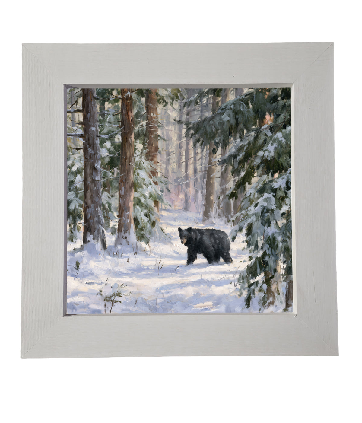 Black bear walking through a snowy pine forest with a peaceful, painterly winter atmosphere — product view 6