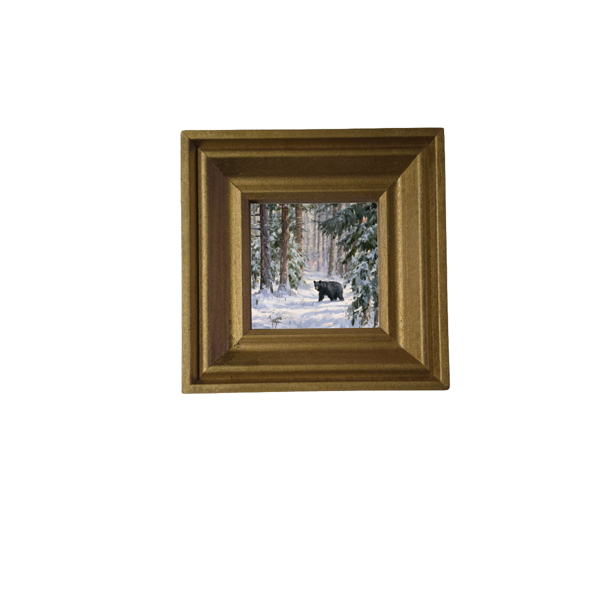 Black bear walking through a snowy pine forest with a peaceful, painterly winter atmosphere