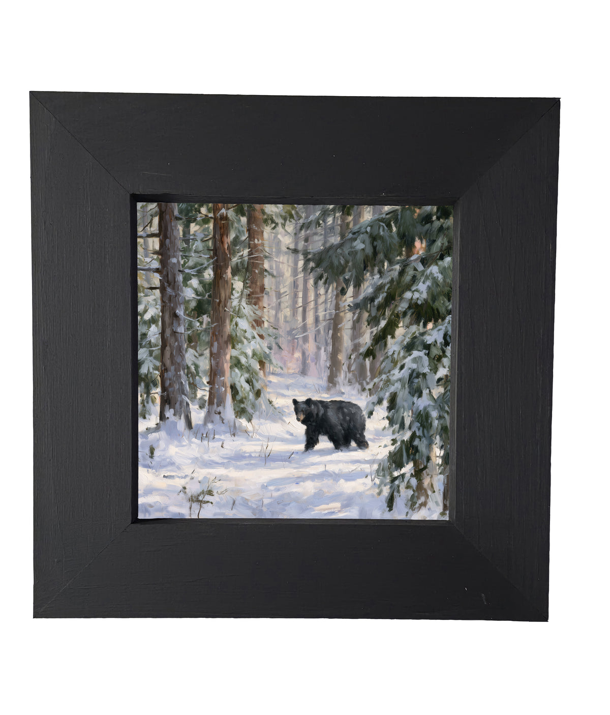Black bear walking through a snowy pine forest with a peaceful, painterly winter atmosphere — product view 4