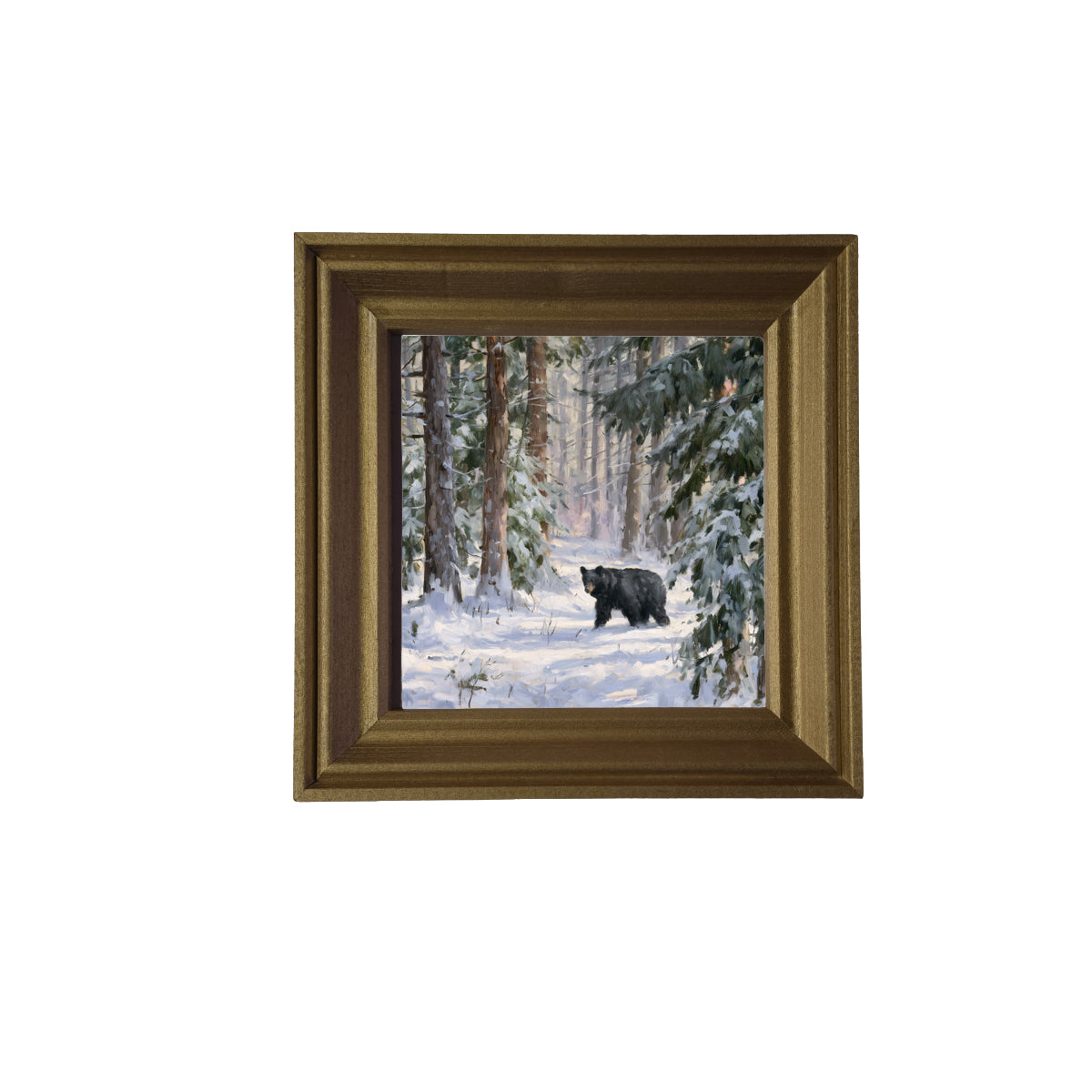 Black bear walking through a snowy pine forest with a peaceful, painterly winter atmosphere — product view 2