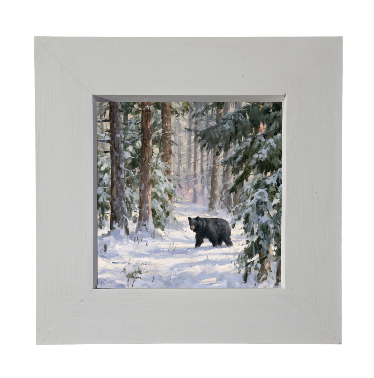 Black bear walking through a snowy pine forest with a peaceful, painterly winter atmosphere — product view 3
