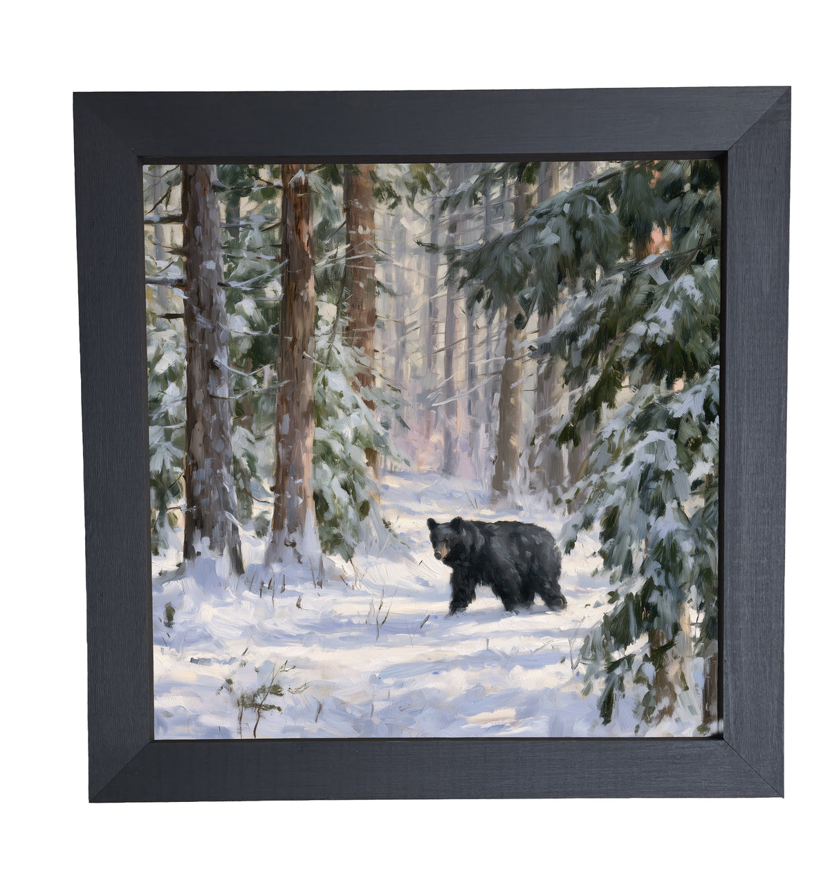 Black bear walking through a snowy pine forest with a peaceful, painterly winter atmosphere — product view 10