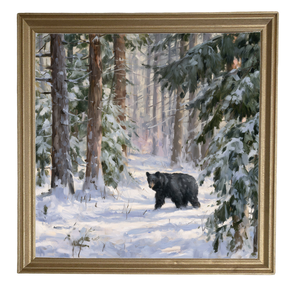 Black bear walking through a snowy pine forest with a peaceful, painterly winter atmosphere — product view 8