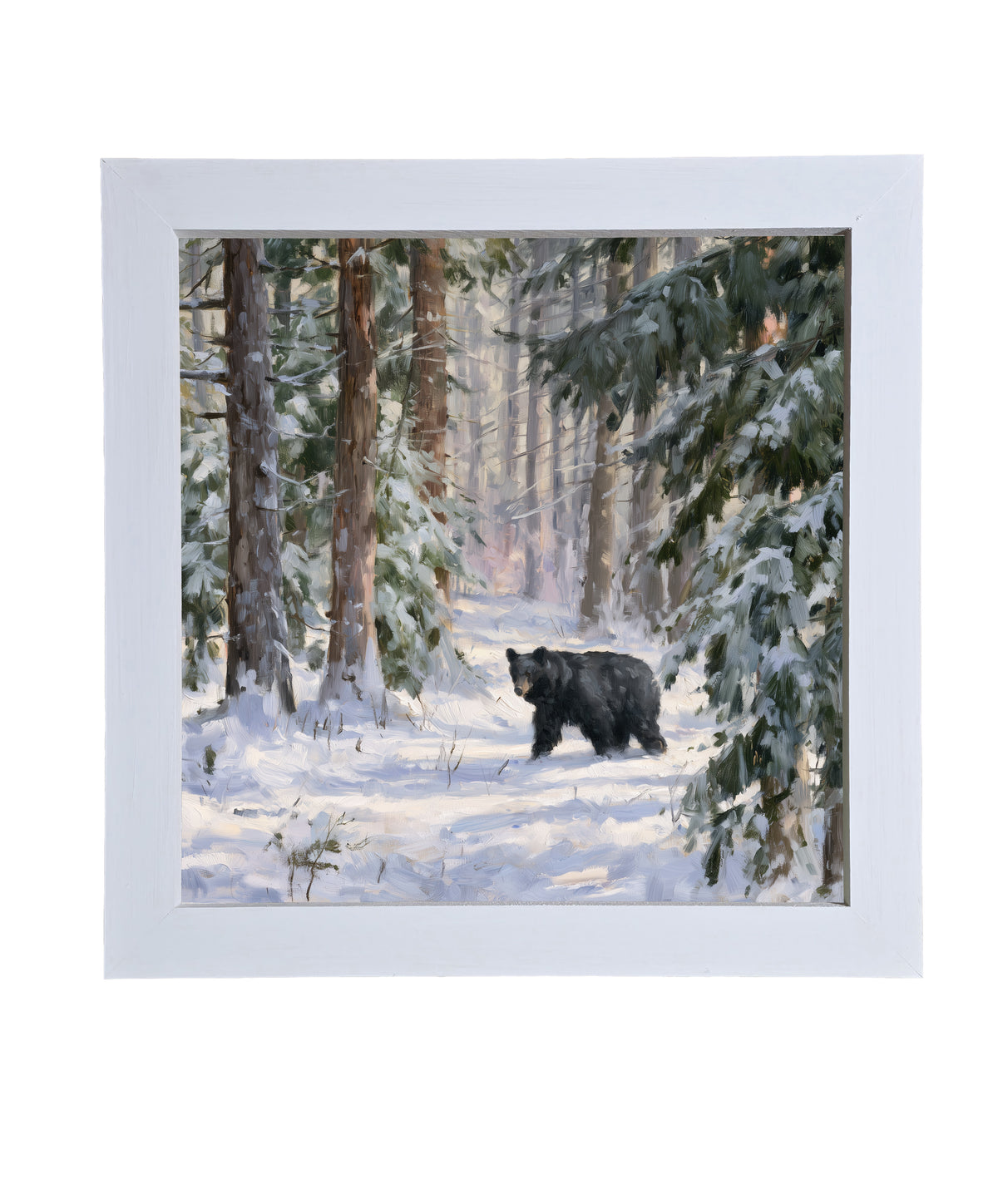 Black bear walking through a snowy pine forest with a peaceful, painterly winter atmosphere — product view 9