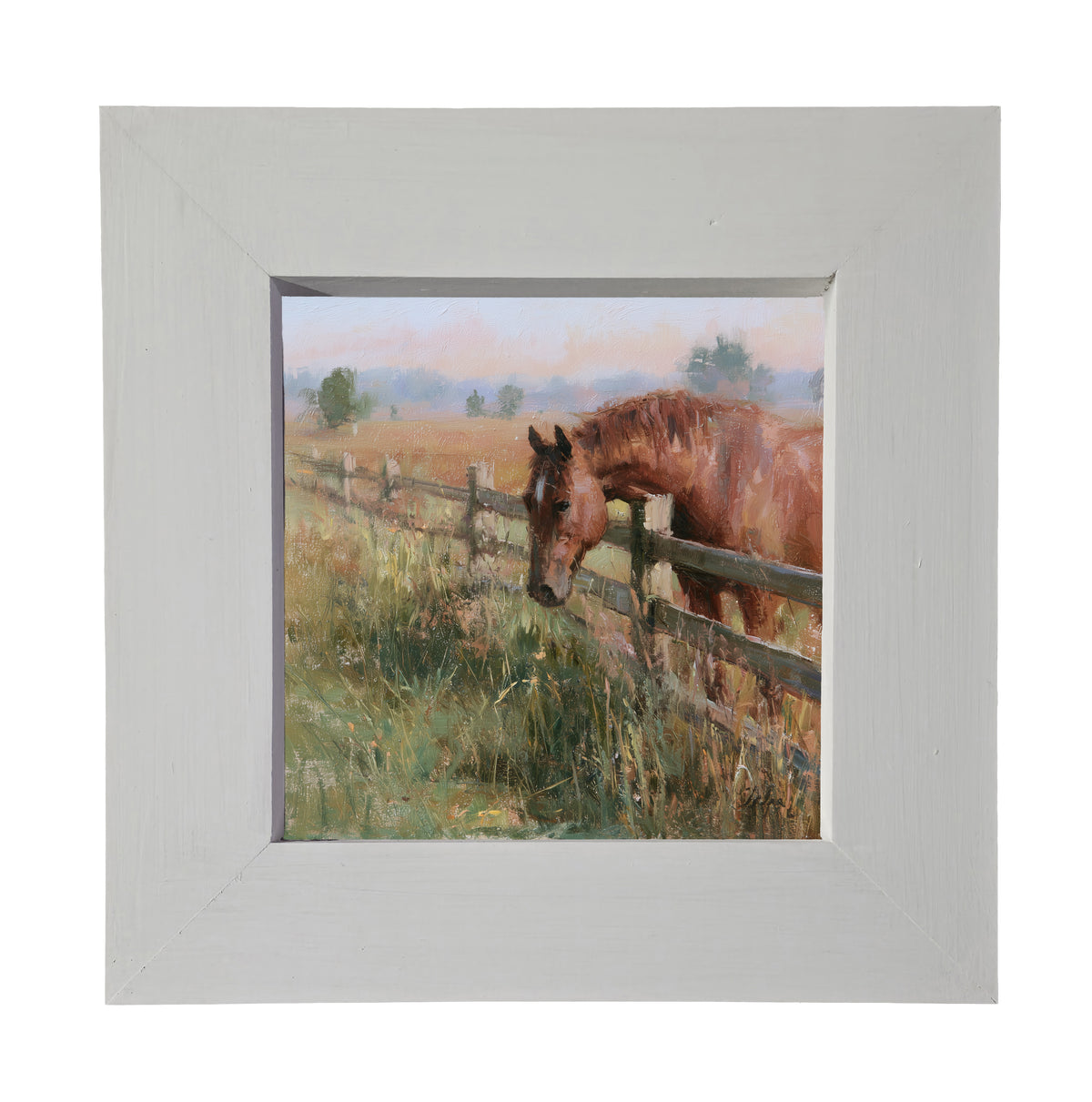 Chestnut horse standing beside a weathered split-rail fence in rustic countryside setting — product view 3