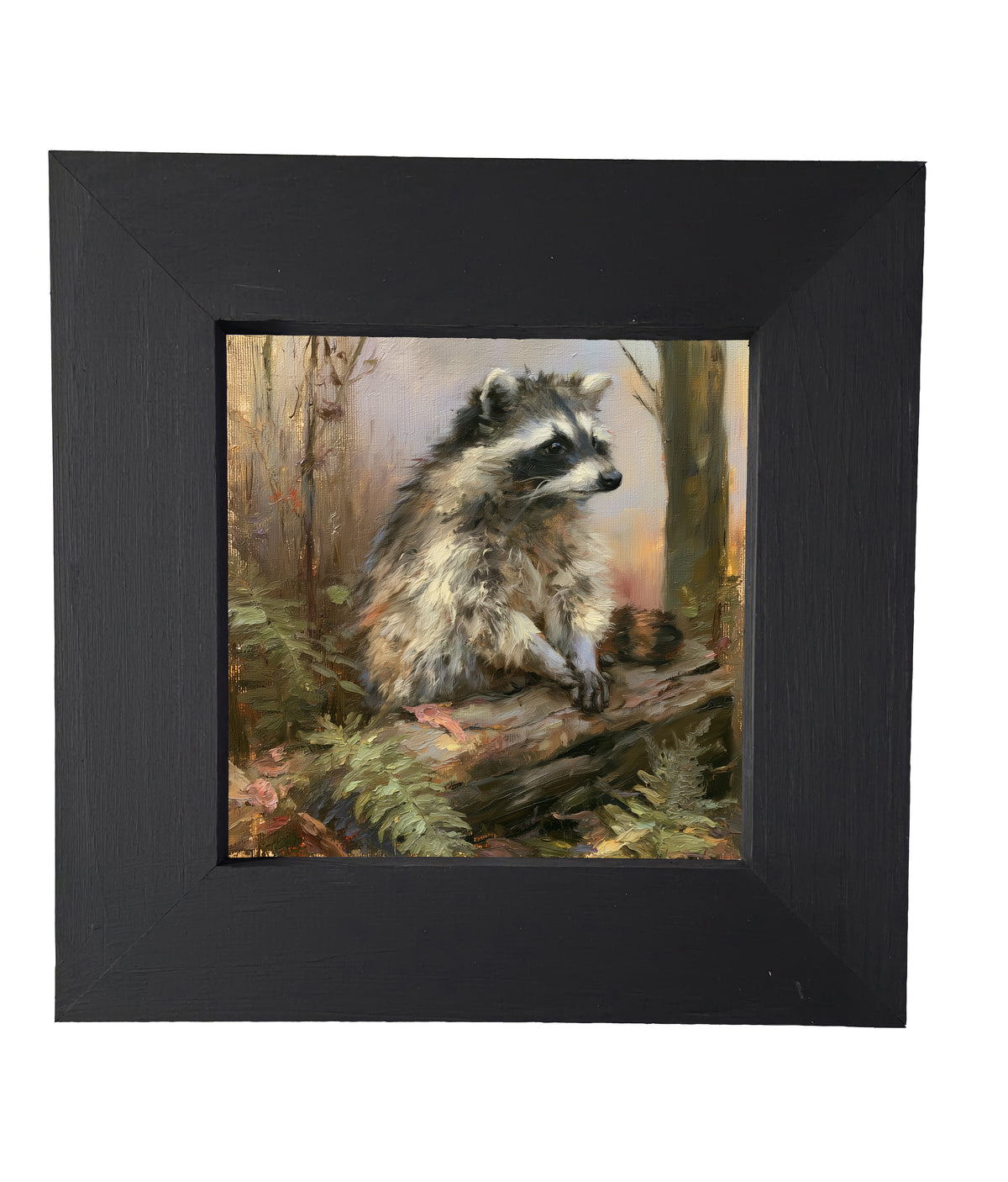 Rustic artwork of a raccoon sitting naturally on an old fallen log in earthy tones — product view 4