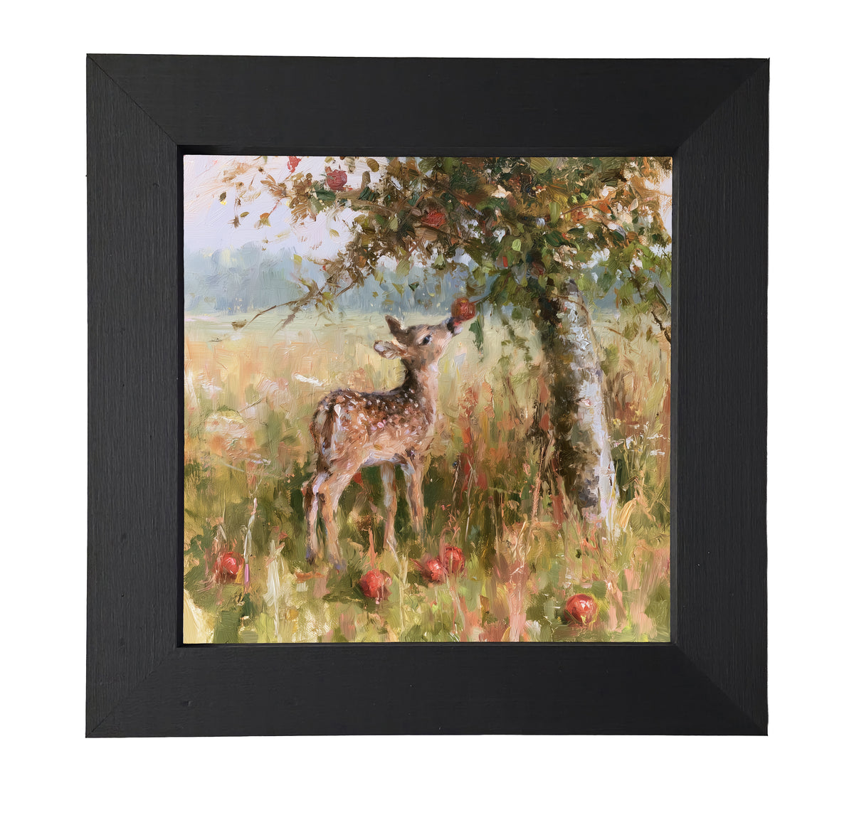 A young fawn reaches for an apple under a rustic apple tree, painterly impressionist style. — product view 7