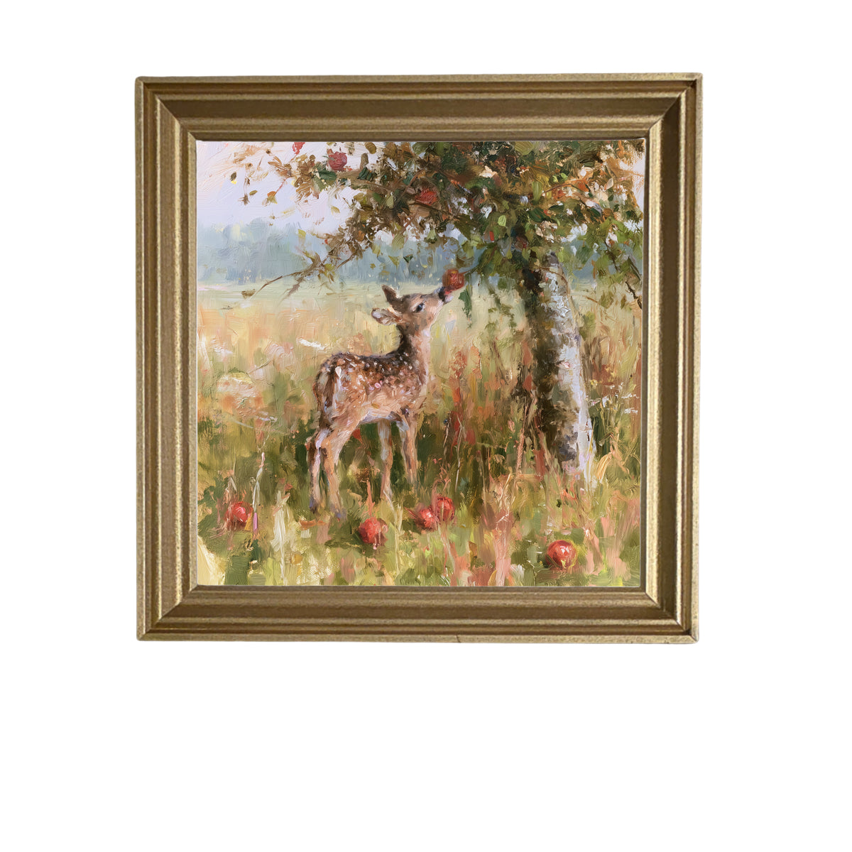 A young fawn reaches for an apple under a rustic apple tree, painterly impressionist style. — product view 5