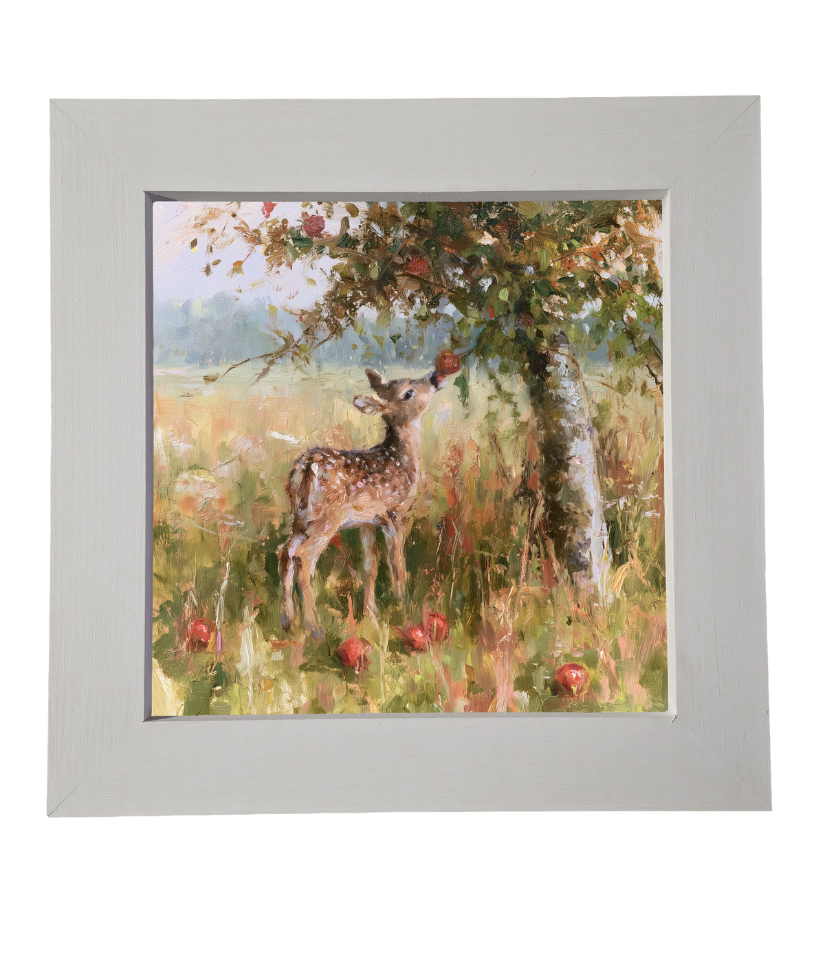 A young fawn reaches for an apple under a rustic apple tree, painterly impressionist style. — product view 6
