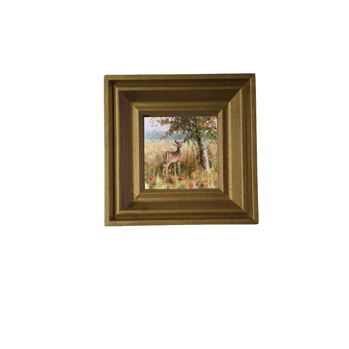 A young fawn reaches for an apple under a rustic apple tree, painterly impressionist style.