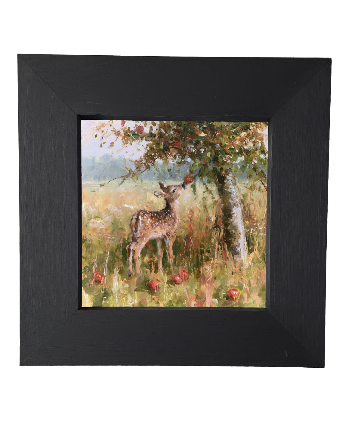 A young fawn reaches for an apple under a rustic apple tree, painterly impressionist style. — product view 4