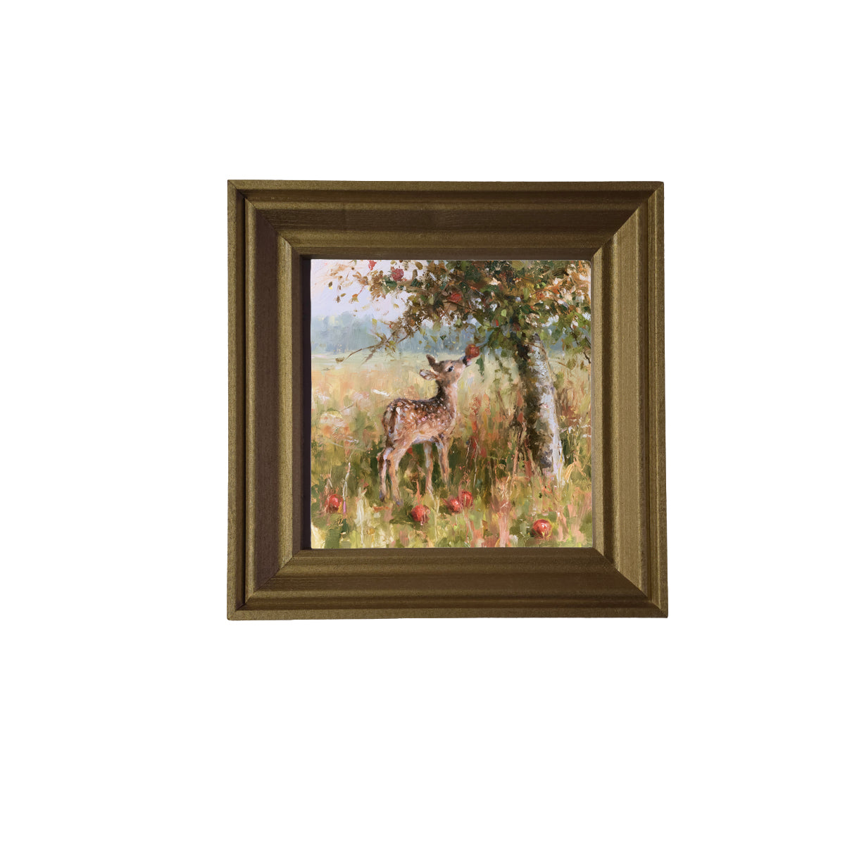 A young fawn reaches for an apple under a rustic apple tree, painterly impressionist style. — product view 2