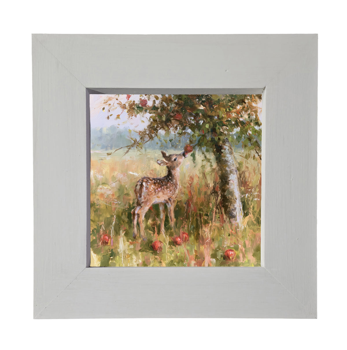 A young fawn reaches for an apple under a rustic apple tree, painterly impressionist style. — product view 3