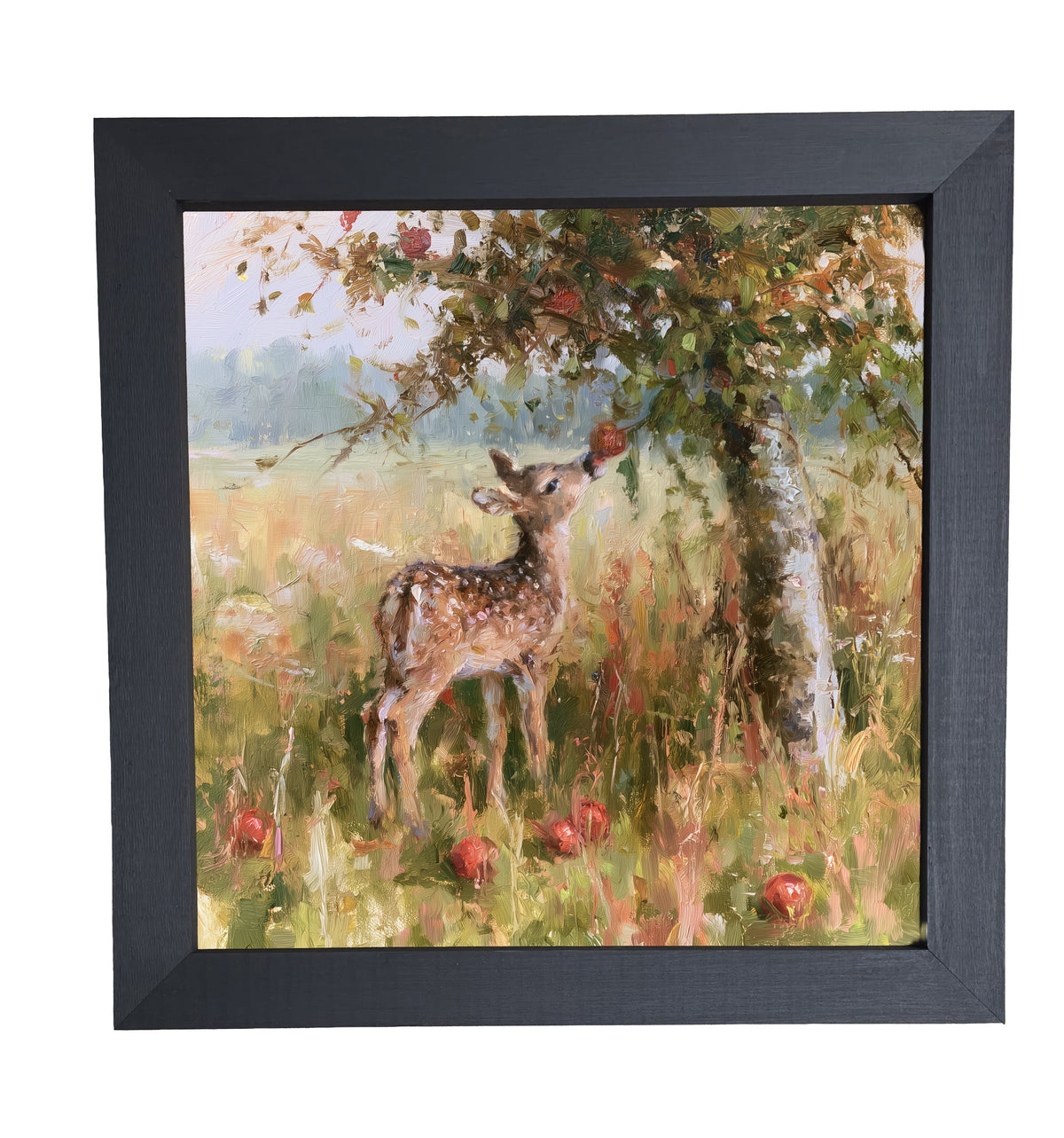A young fawn reaches for an apple under a rustic apple tree, painterly impressionist style. — product view 10