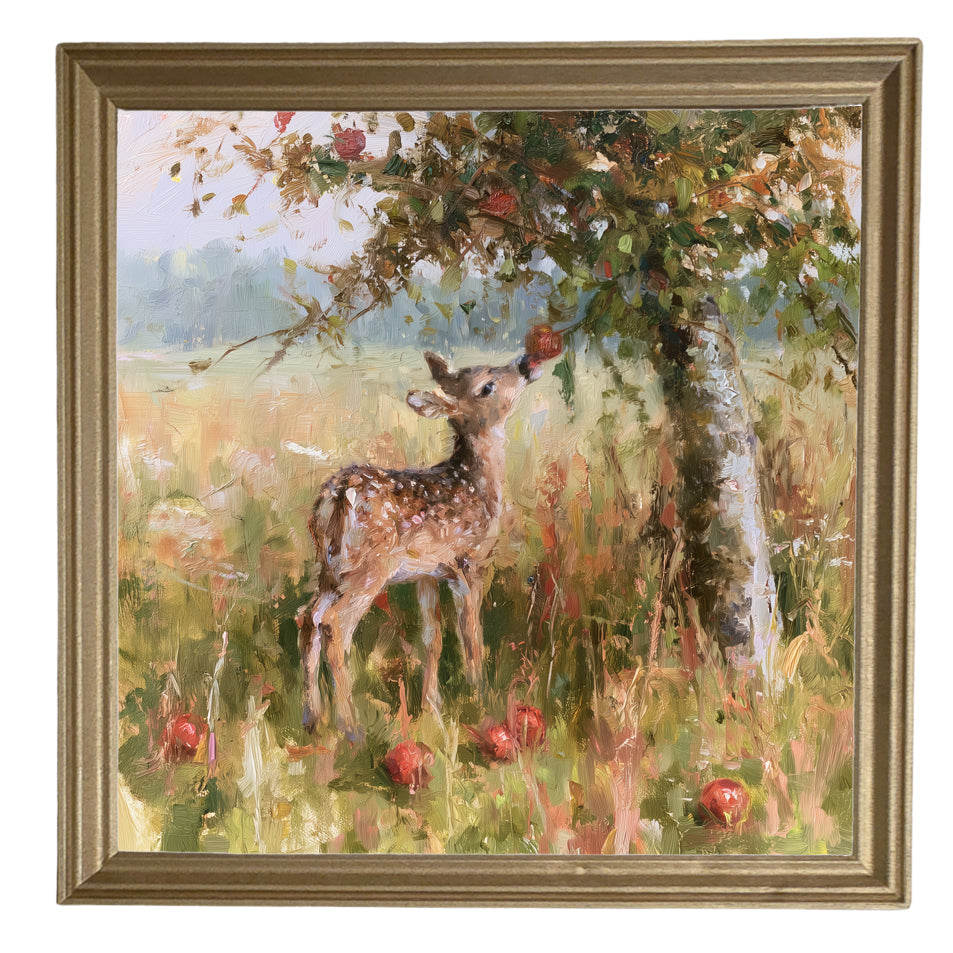 A young fawn reaches for an apple under a rustic apple tree, painterly impressionist style. — product view 8