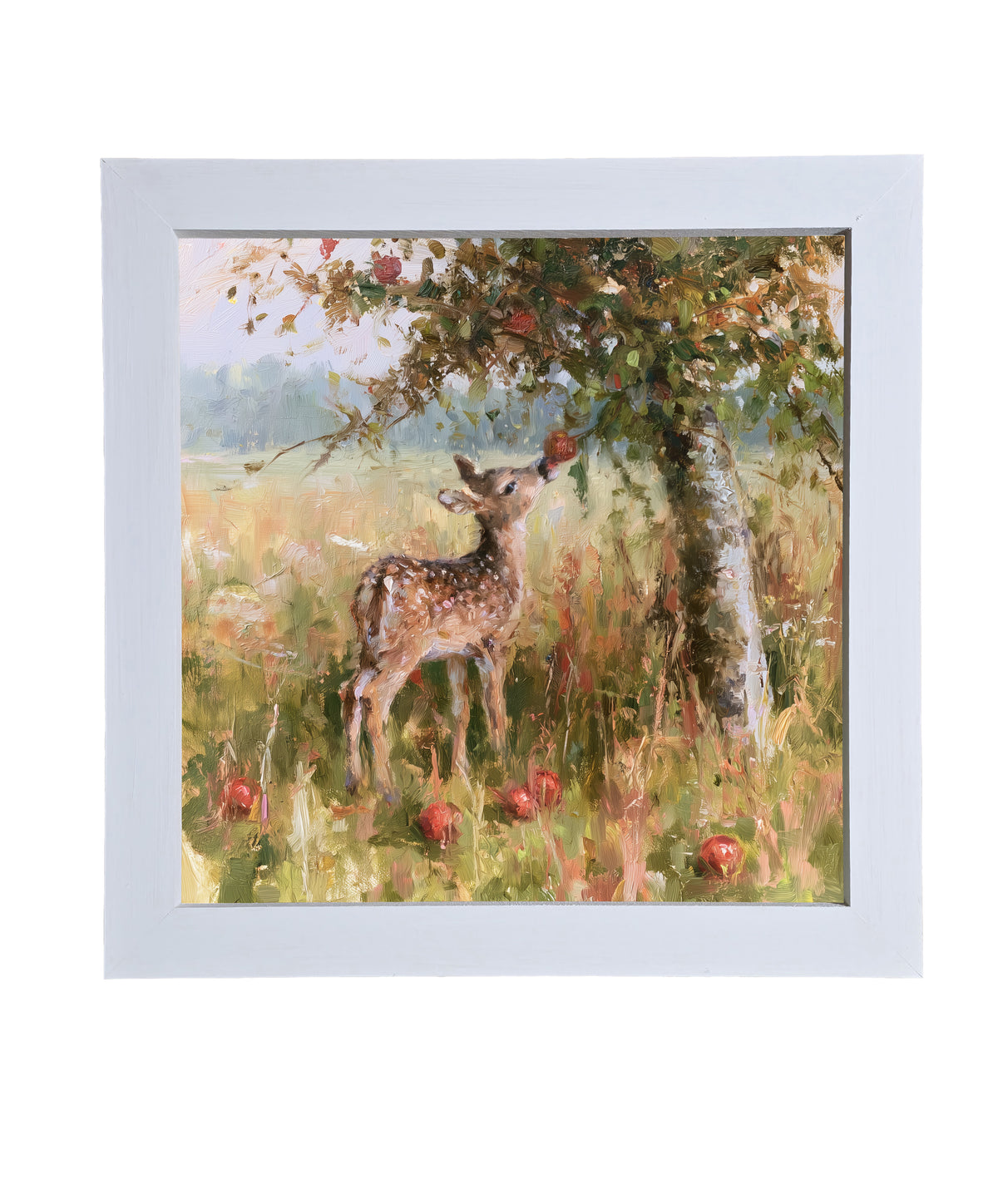 A young fawn reaches for an apple under a rustic apple tree, painterly impressionist style. — product view 9