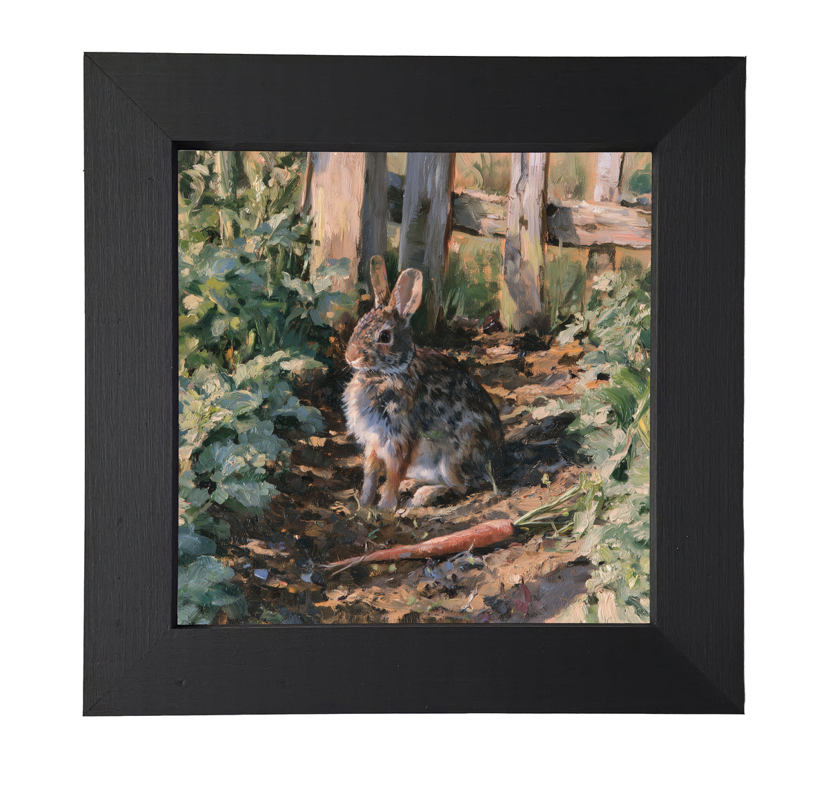 Cottontail rabbit sitting peacefully among green garden rows in rustic farmhouse style — product view 7