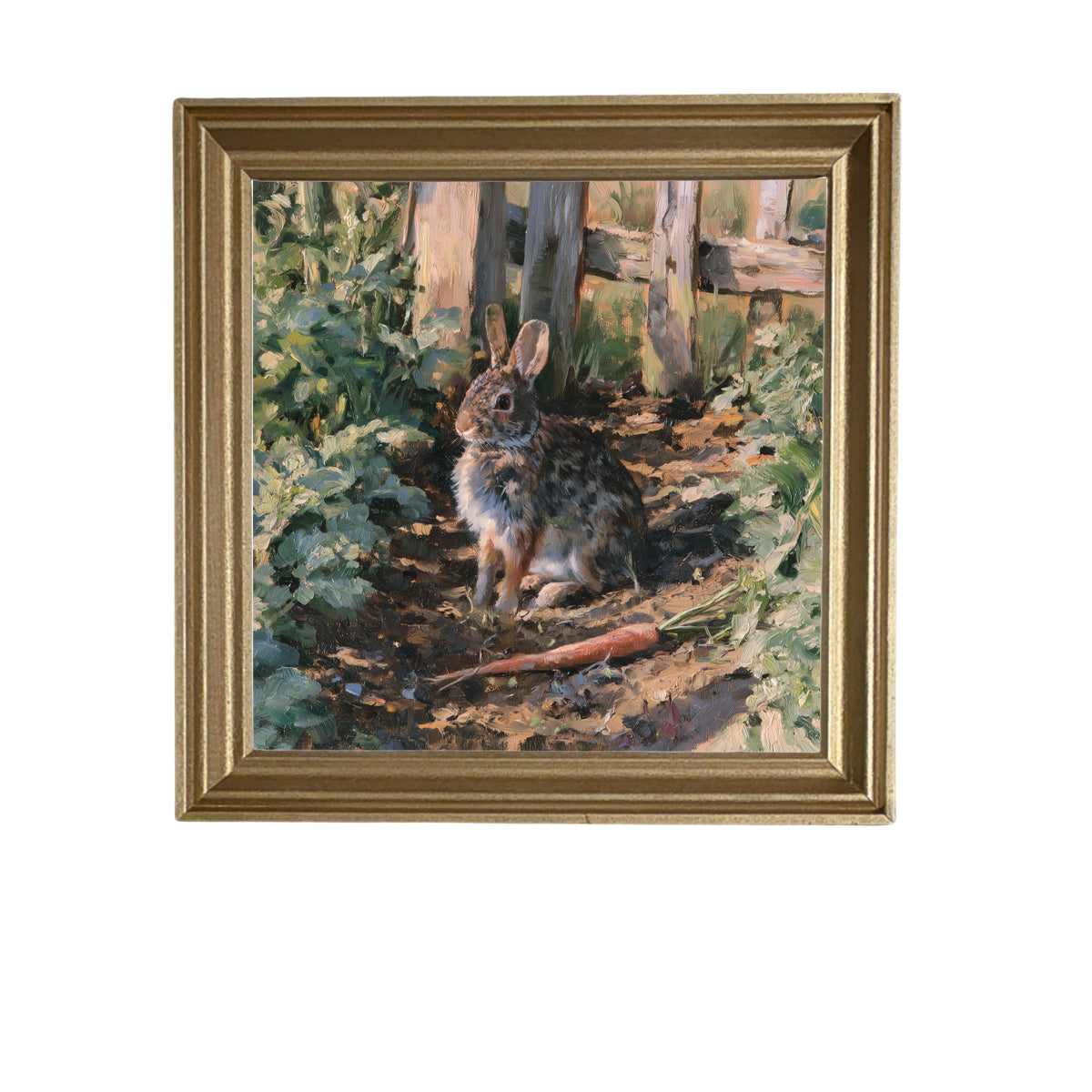 Cottontail rabbit sitting peacefully among green garden rows in rustic farmhouse style — product view 5