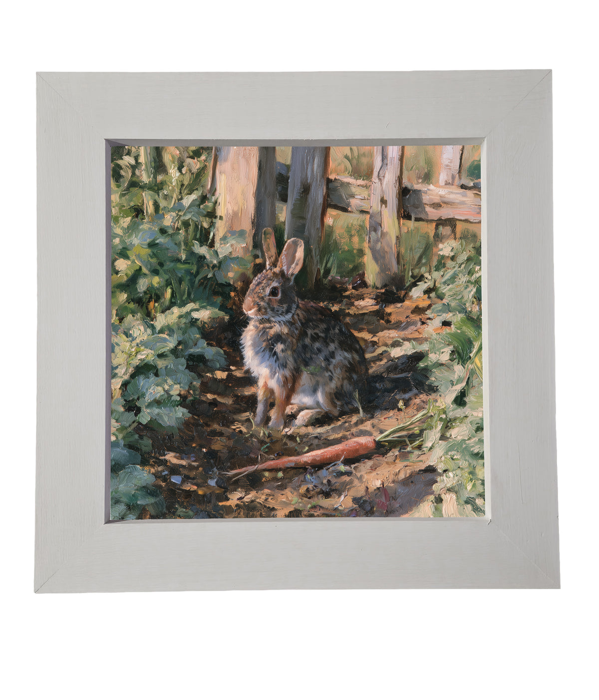Cottontail rabbit sitting peacefully among green garden rows in rustic farmhouse style — product view 6