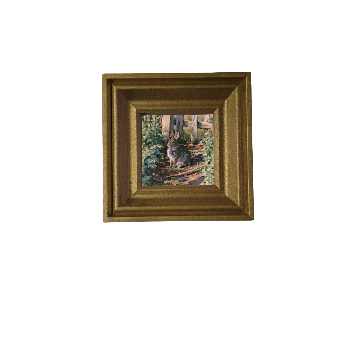 Cottontail rabbit sitting peacefully among green garden rows in rustic farmhouse style