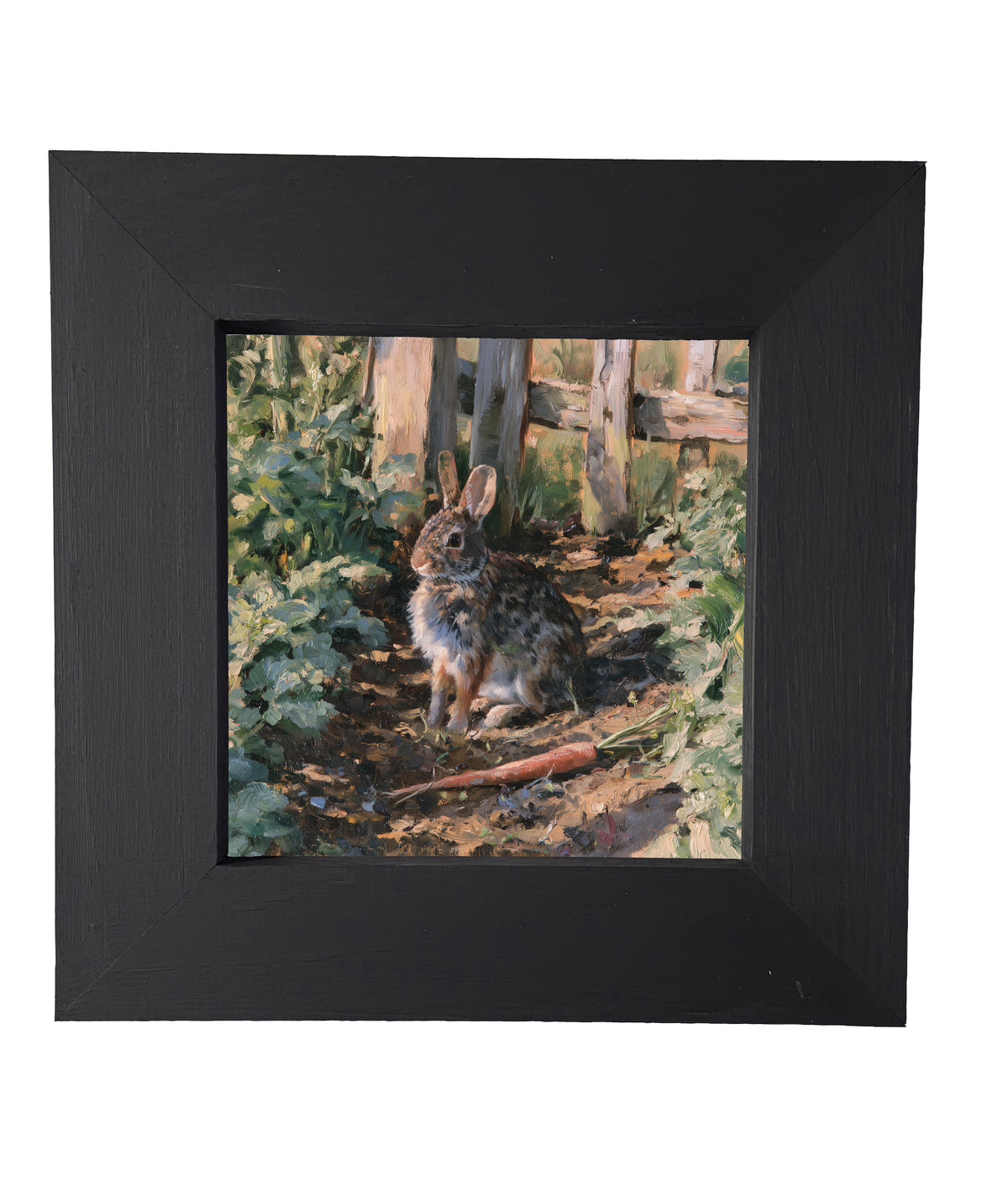 Cottontail rabbit sitting peacefully among green garden rows in rustic farmhouse style — product view 4