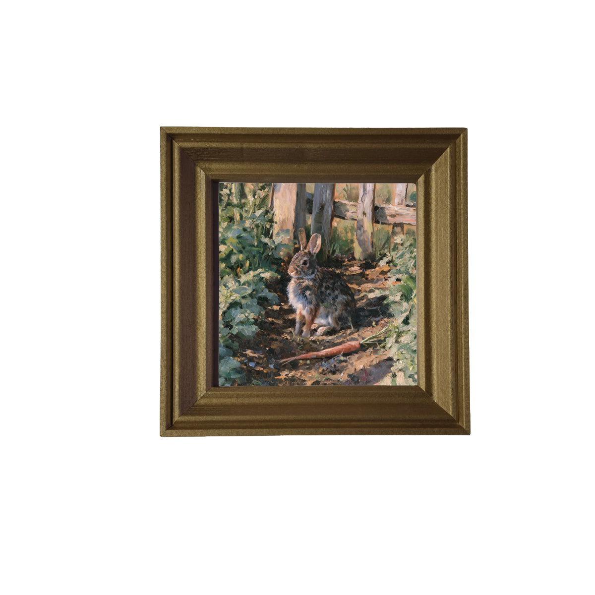 Cottontail rabbit sitting peacefully among green garden rows in rustic farmhouse style — product view 2