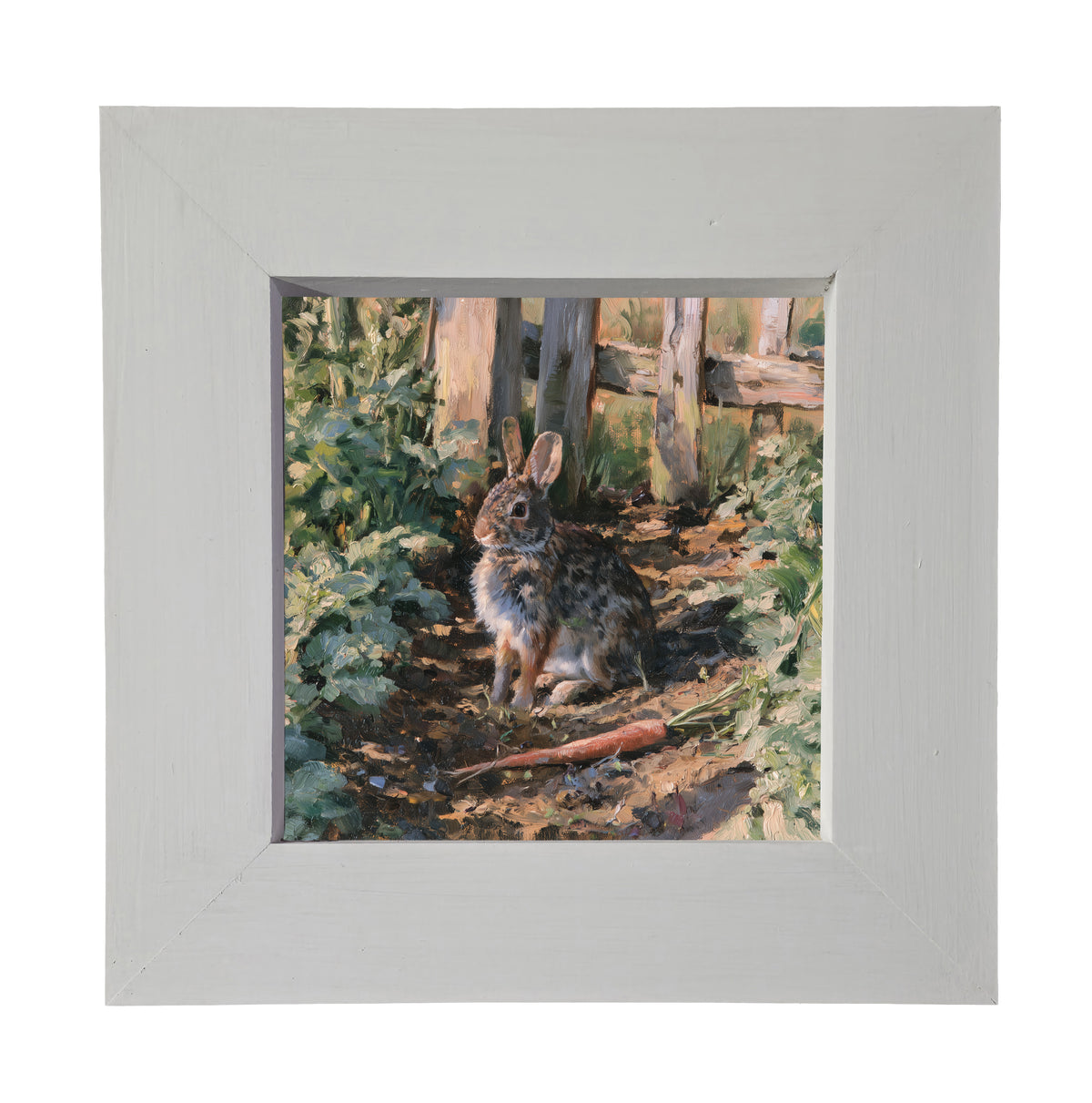 Cottontail rabbit sitting peacefully among green garden rows in rustic farmhouse style — product view 3