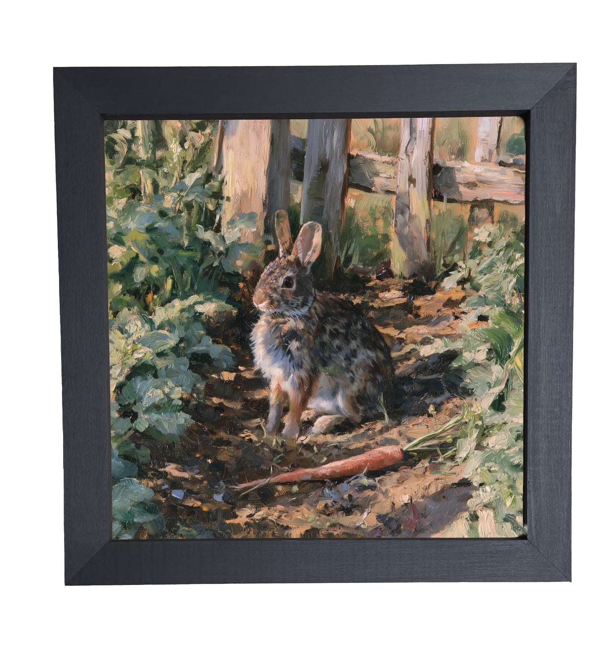 Cottontail rabbit sitting peacefully among green garden rows in rustic farmhouse style — product view 10