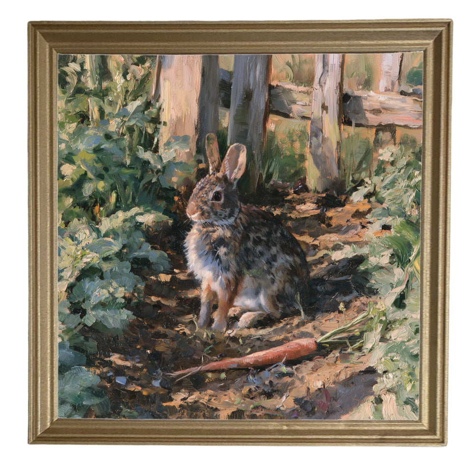 Cottontail rabbit sitting peacefully among green garden rows in rustic farmhouse style — product view 8
