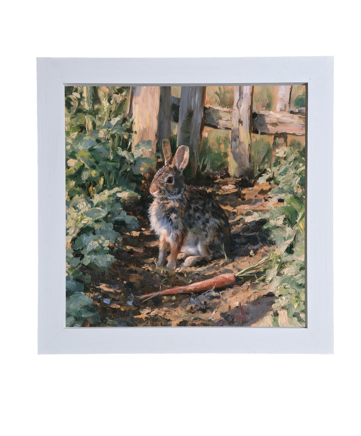 Cottontail rabbit sitting peacefully among green garden rows in rustic farmhouse style — product view 9