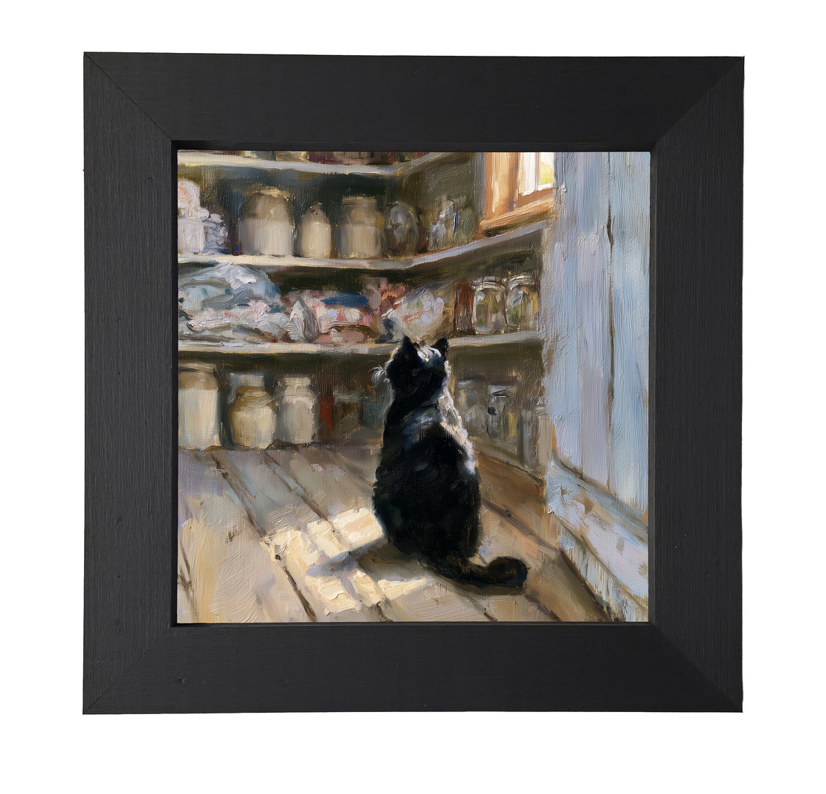 Poised black cat sitting quietly on a rustic windowsill in farmhouse setting — product view 7