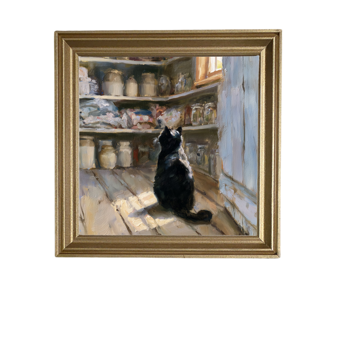 Poised black cat sitting quietly on a rustic windowsill in farmhouse setting — product view 5