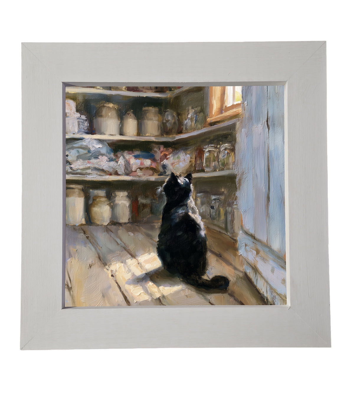 Poised black cat sitting quietly on a rustic windowsill in farmhouse setting — product view 6