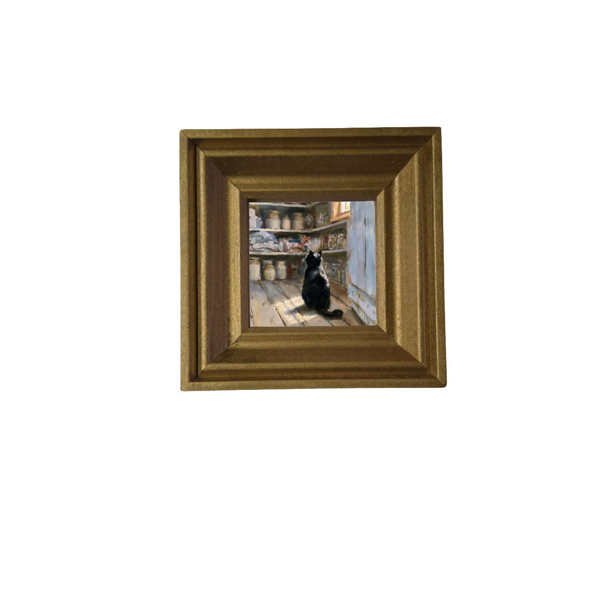Poised black cat sitting quietly on a rustic windowsill in farmhouse setting
