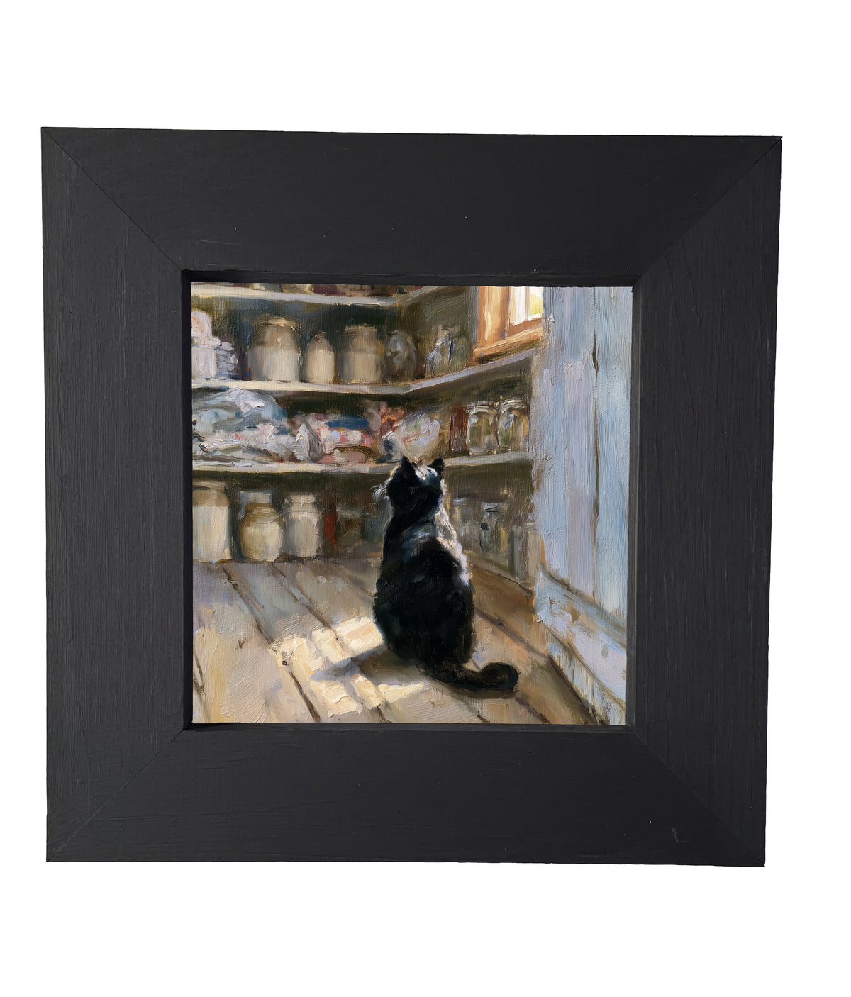 Poised black cat sitting quietly on a rustic windowsill in farmhouse setting — product view 4