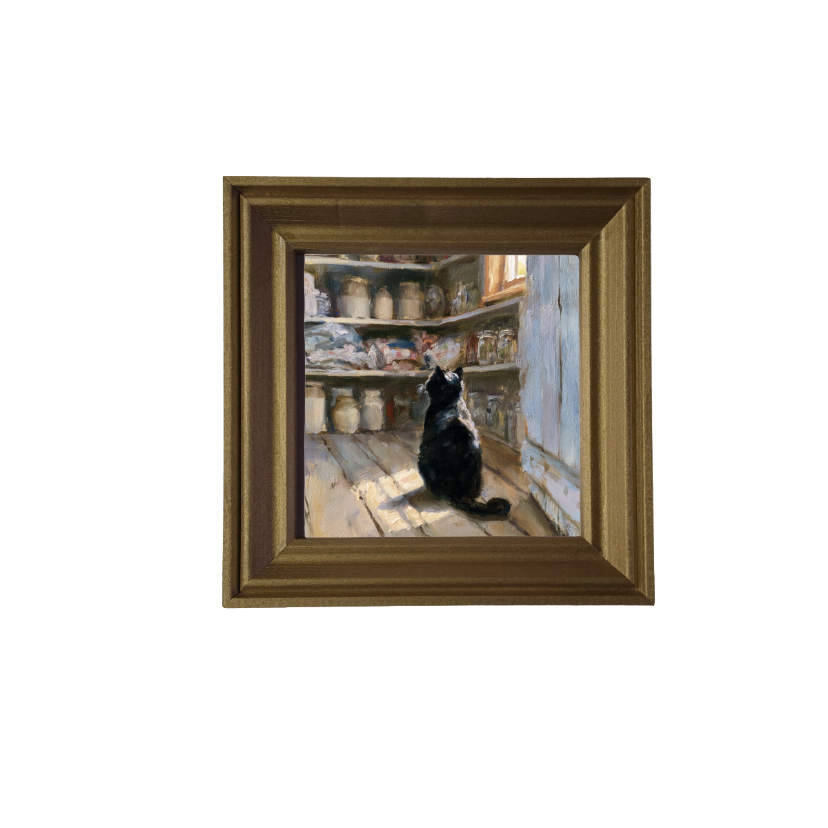 Poised black cat sitting quietly on a rustic windowsill in farmhouse setting — product view 2