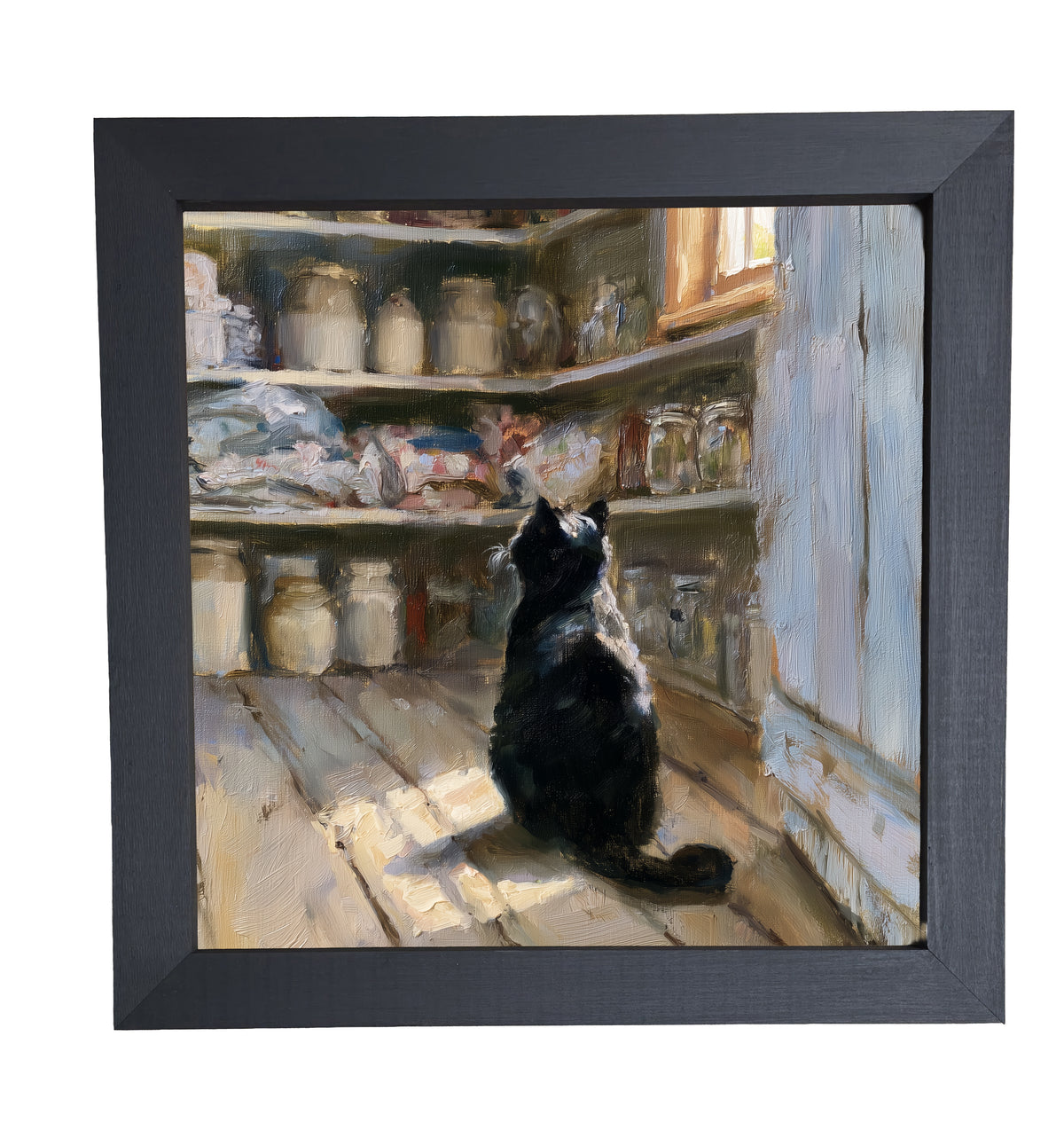 Poised black cat sitting quietly on a rustic windowsill in farmhouse setting — product view 10