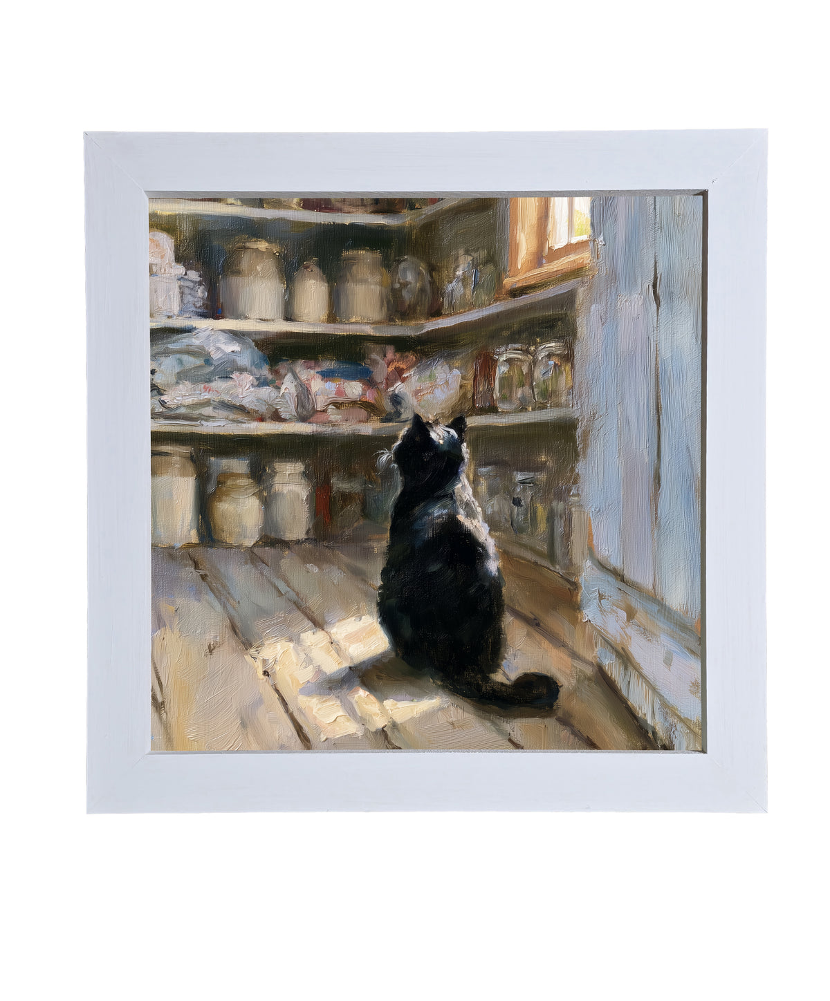 Poised black cat sitting quietly on a rustic windowsill in farmhouse setting — product view 9