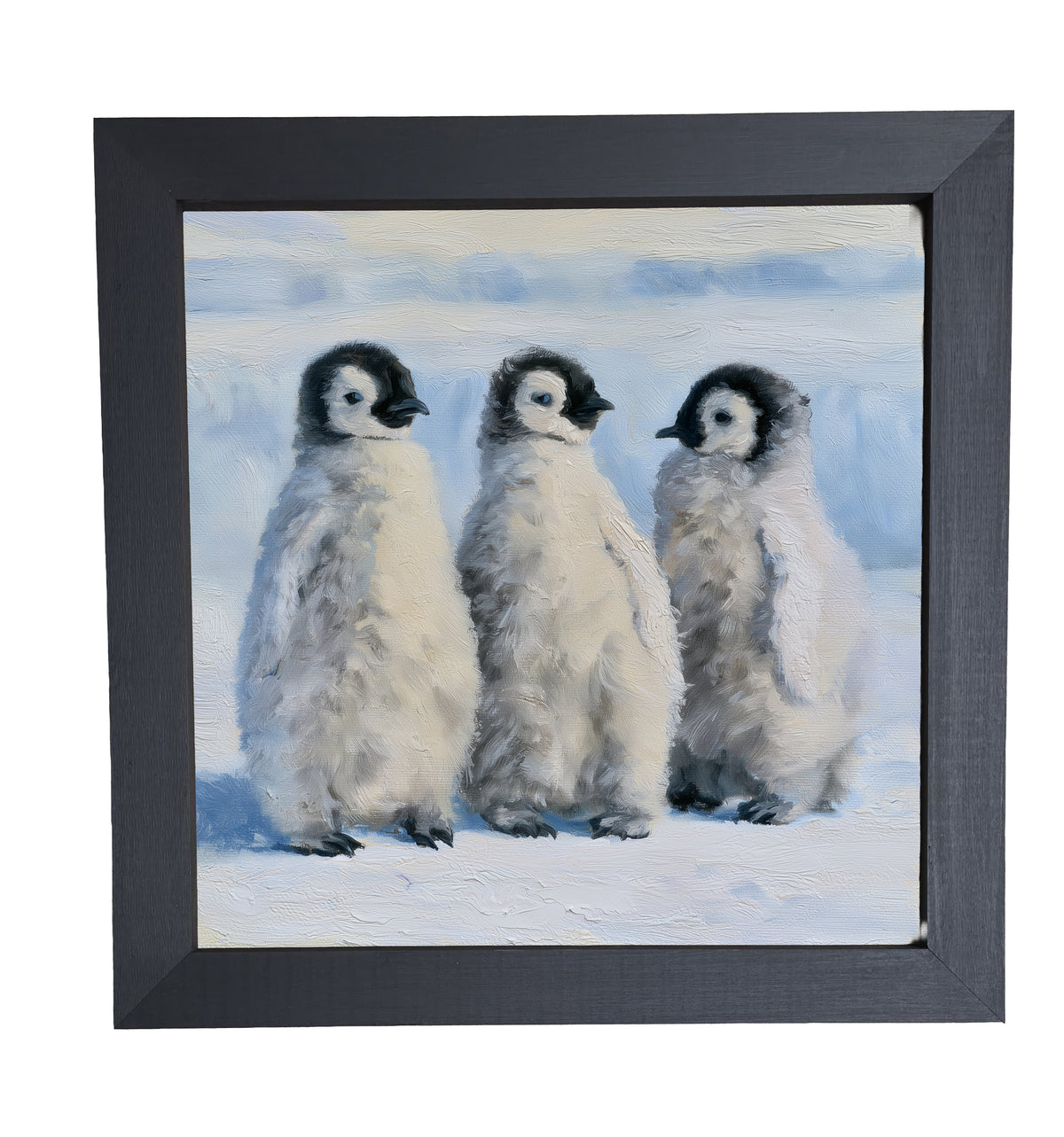 Three fluffy emperor penguin chicks standing close together, captured in a rustic farmhouse style. — product view 10