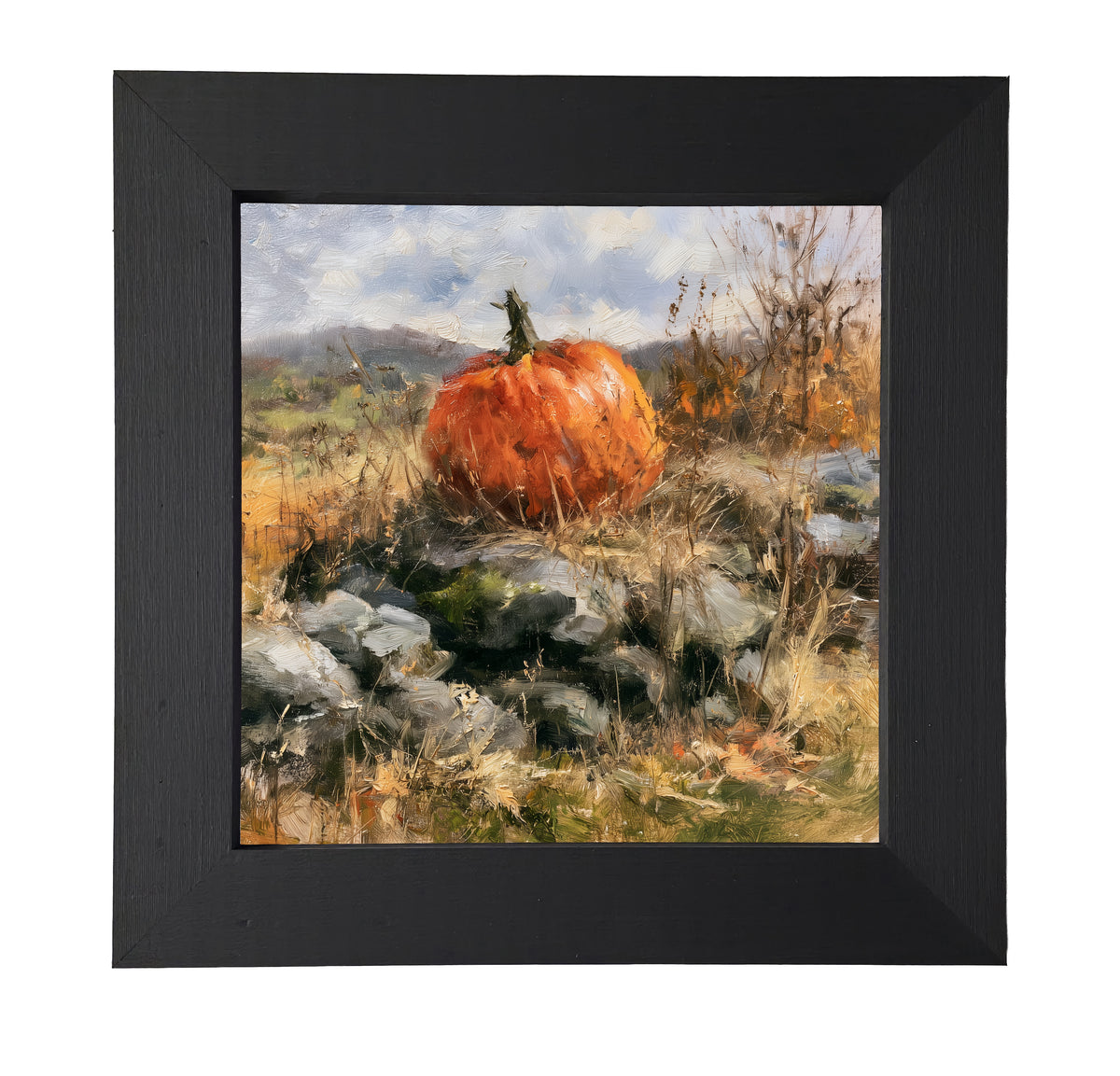 Heirloom pumpkin in warm autumn colors resting on a rustic surface, framed in handcrafted wood — product view 7