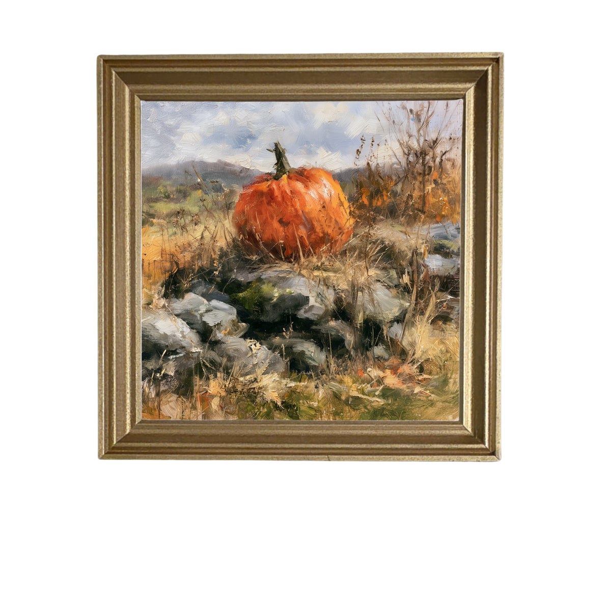 Heirloom pumpkin in warm autumn colors resting on a rustic surface, framed in handcrafted wood — product view 5
