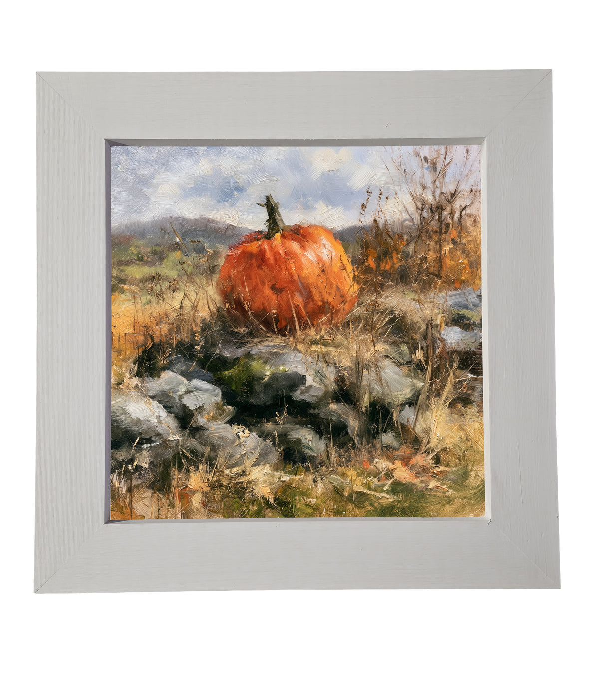 Heirloom pumpkin in warm autumn colors resting on a rustic surface, framed in handcrafted wood — product view 6
