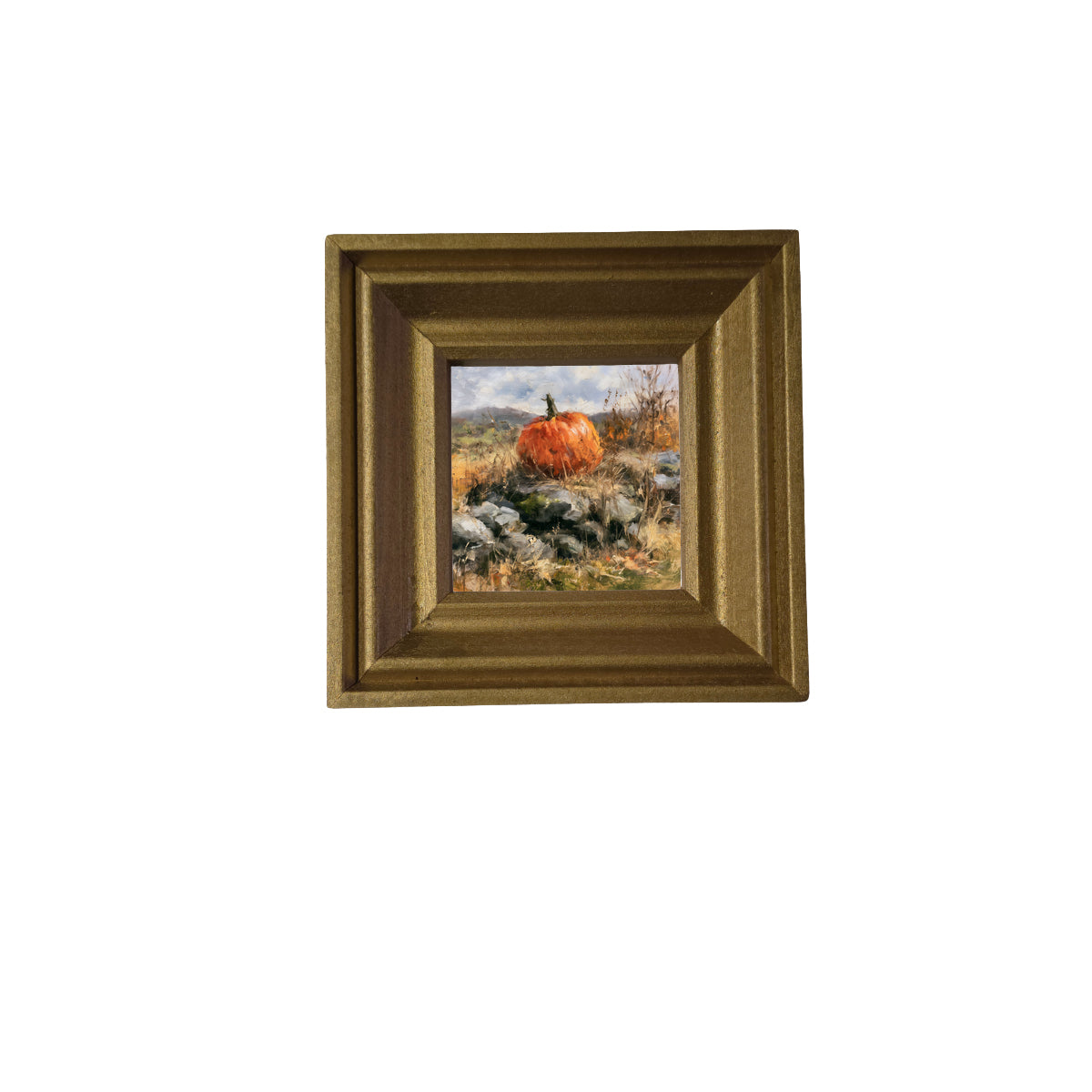 Heirloom pumpkin in warm autumn colors resting on a rustic surface, framed in handcrafted wood