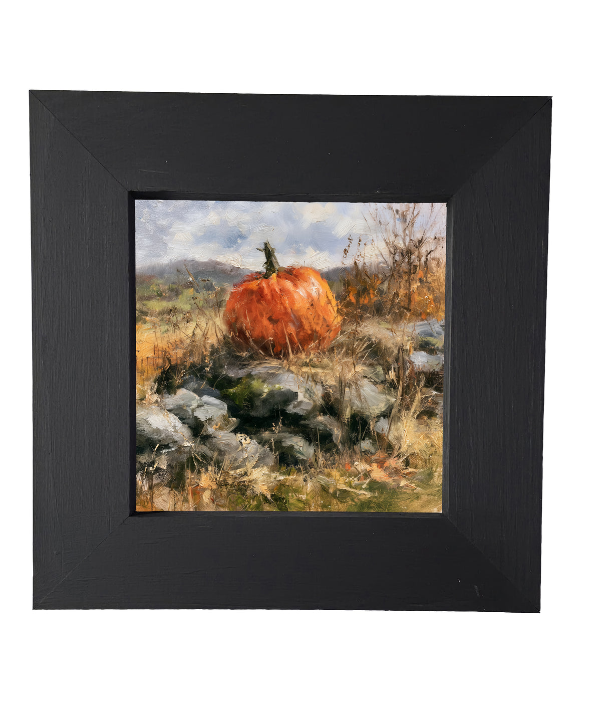 Heirloom pumpkin in warm autumn colors resting on a rustic surface, framed in handcrafted wood — product view 4